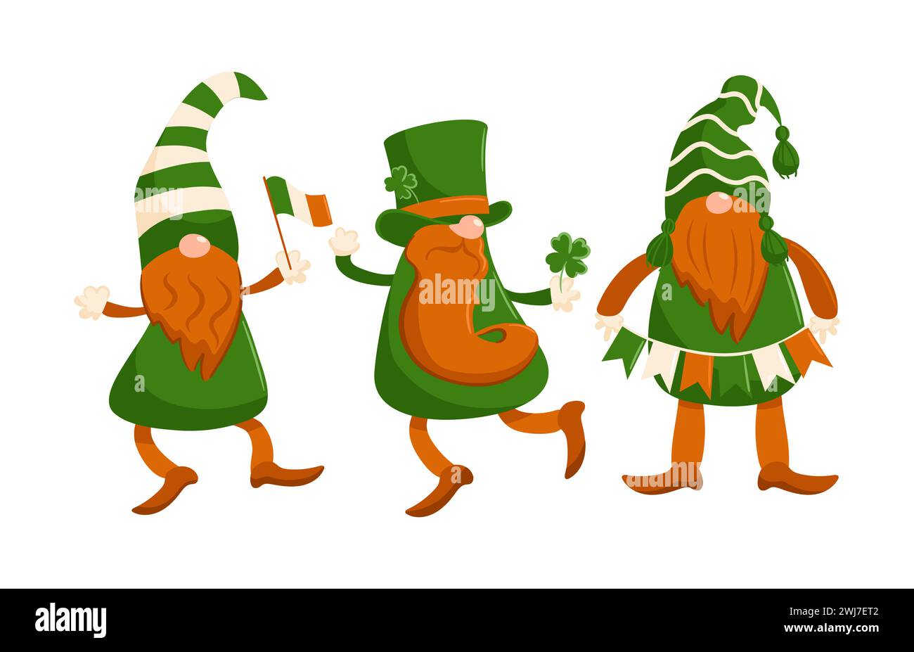 Set of gnomes, leprechauns. Happy St. Patricks Day. Cartoon characters in caps, a top hat, with a garland, the flag of Ireland, dance and run. Four le Stock Vector