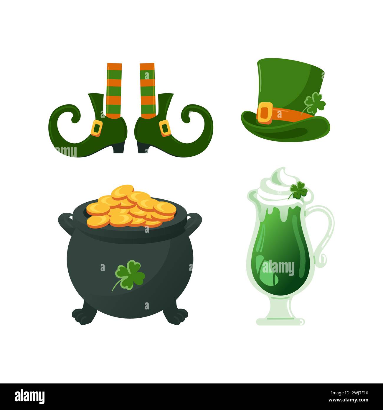 Set of St. Patricks Day symbols. Leprechaun top hat, gold cauldron, vintage shoes with buckles, feet in striped stockings. Green beer. Four leaf clove Stock Vector