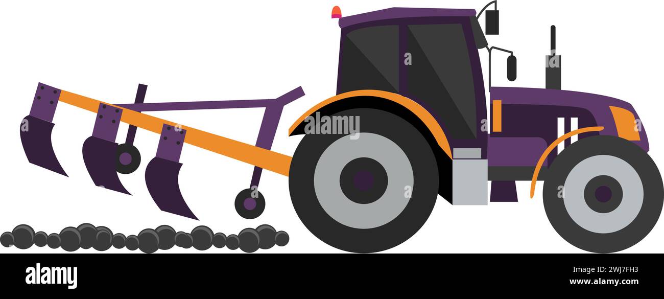 Tractor plowing farm field vector icon isolated on white Stock Vector