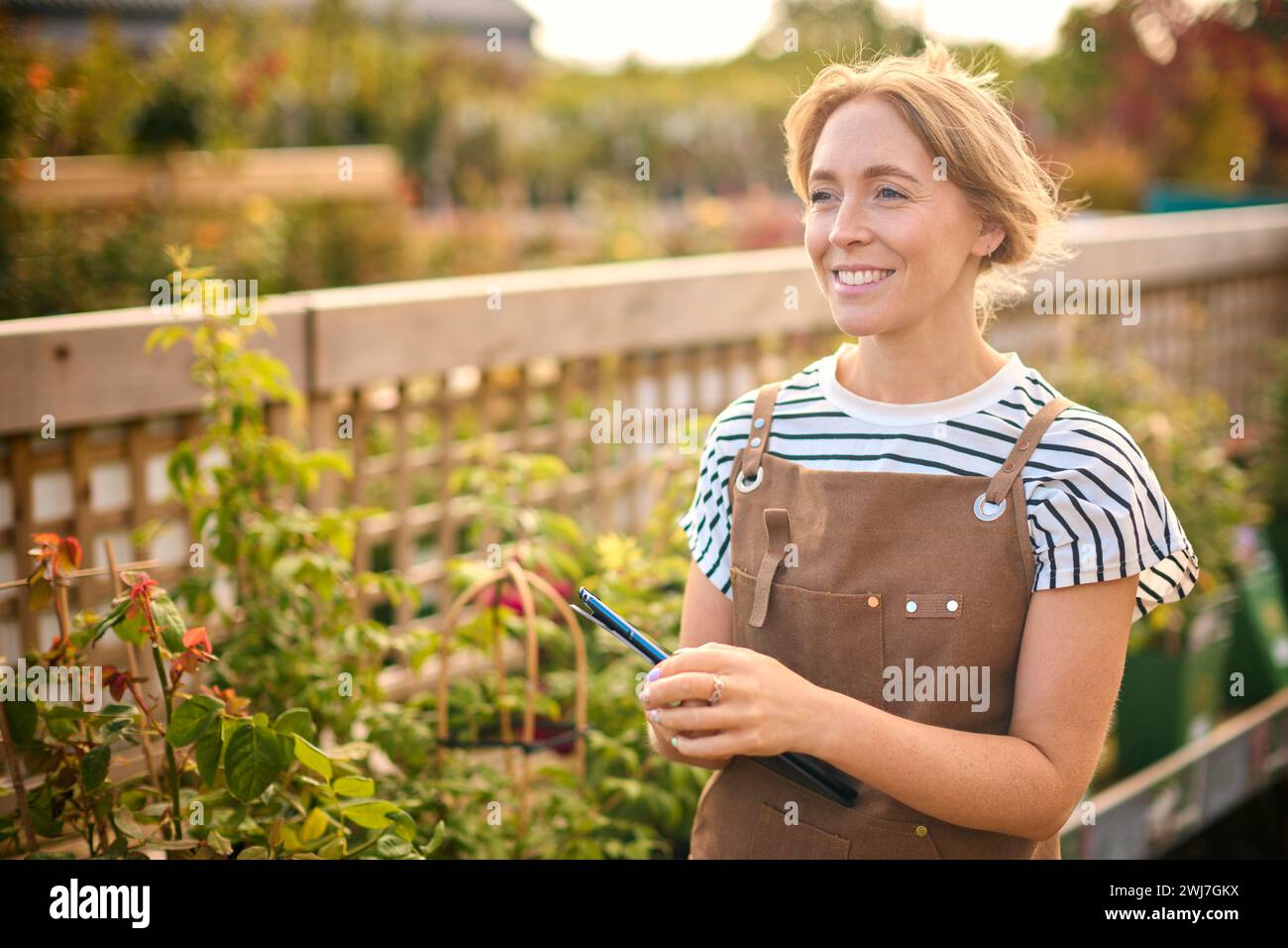 Woman Working Outdoors In Garden Centre Using Digital Tablet Stock Photo