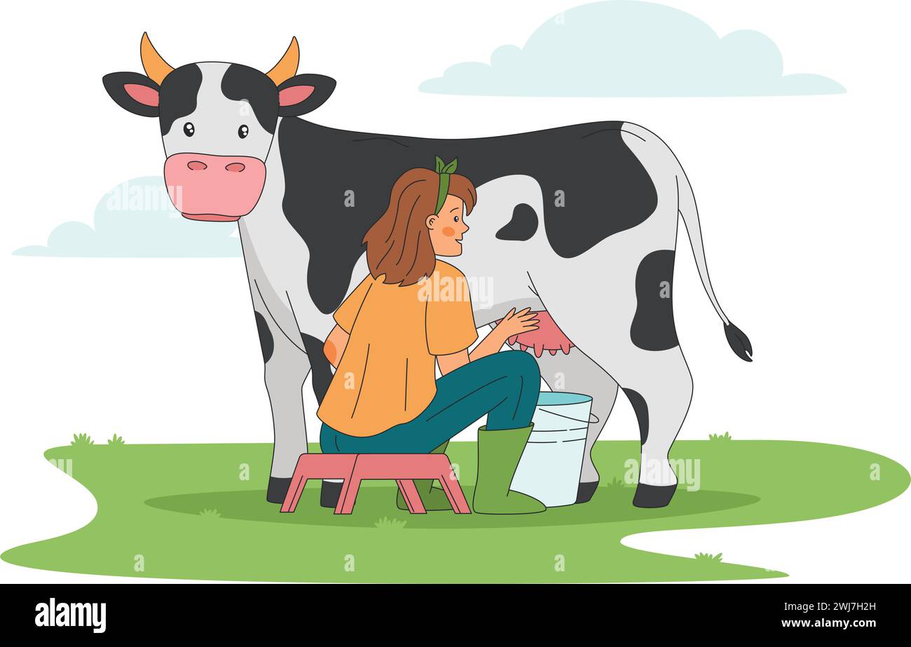 woman sitting on a stool and milking a cow in a meadow, rural vector illustration Stock Vector