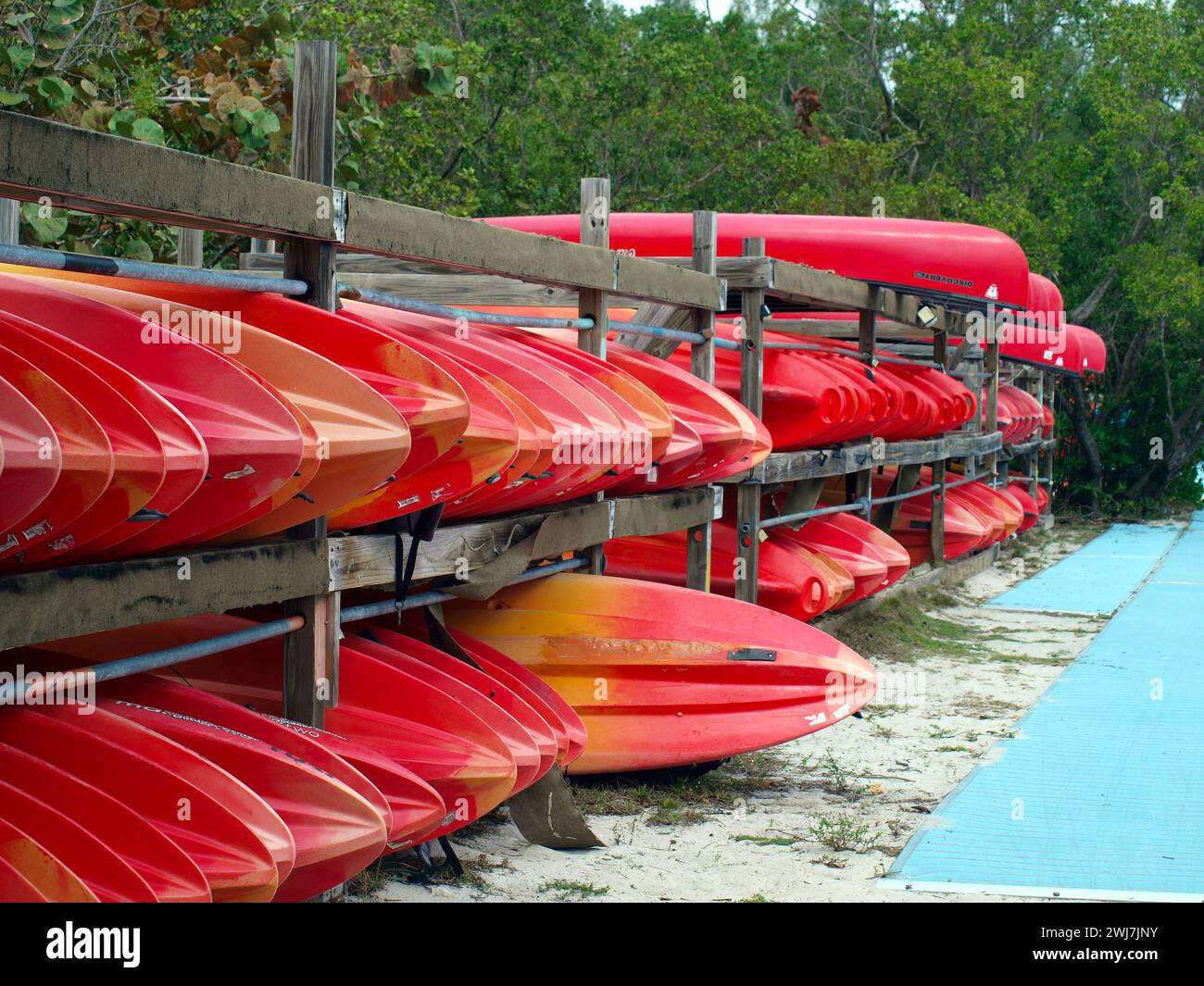 Miami, Florida, United States - January 27, 2024: Many kayaks for