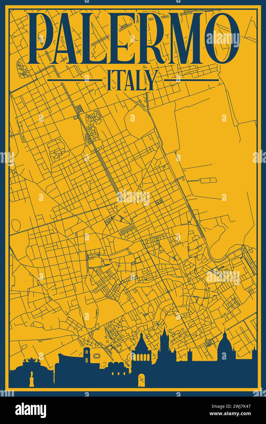 Road network and skyline poster of the downtown PALERMO, ITALY Stock Vector