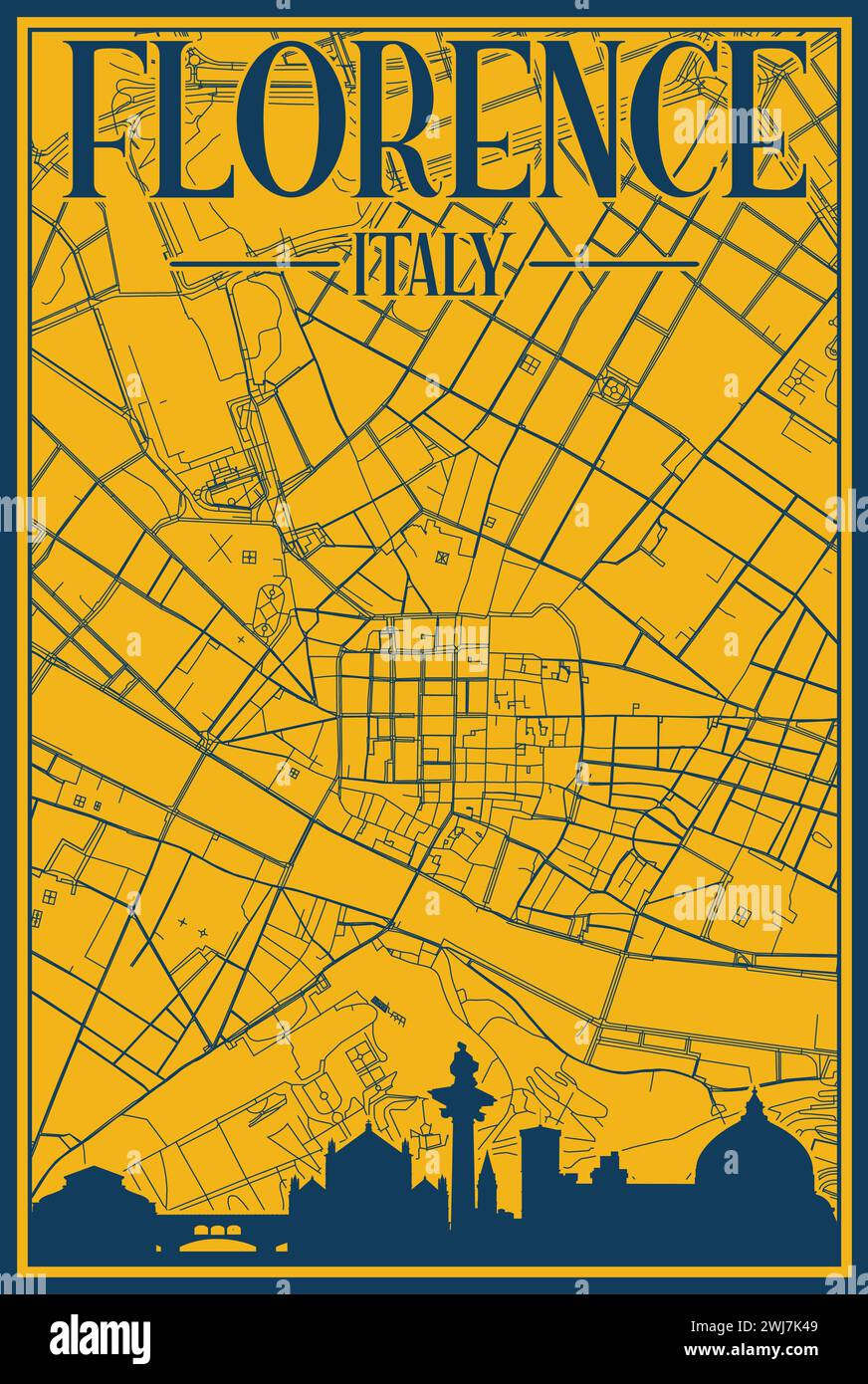 Road network and skyline poster of the downtown FLORENCE, ITALY Stock Vector