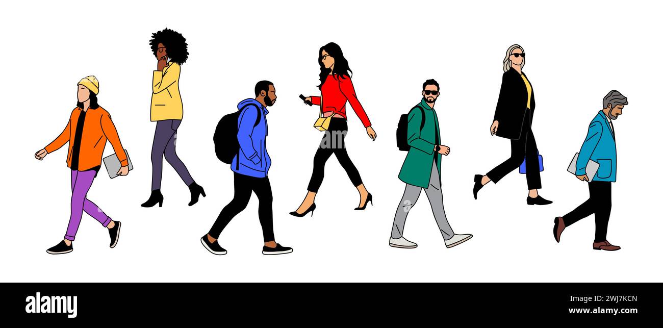 Set of Diverse business people walking side view Stock Vector Image ...
