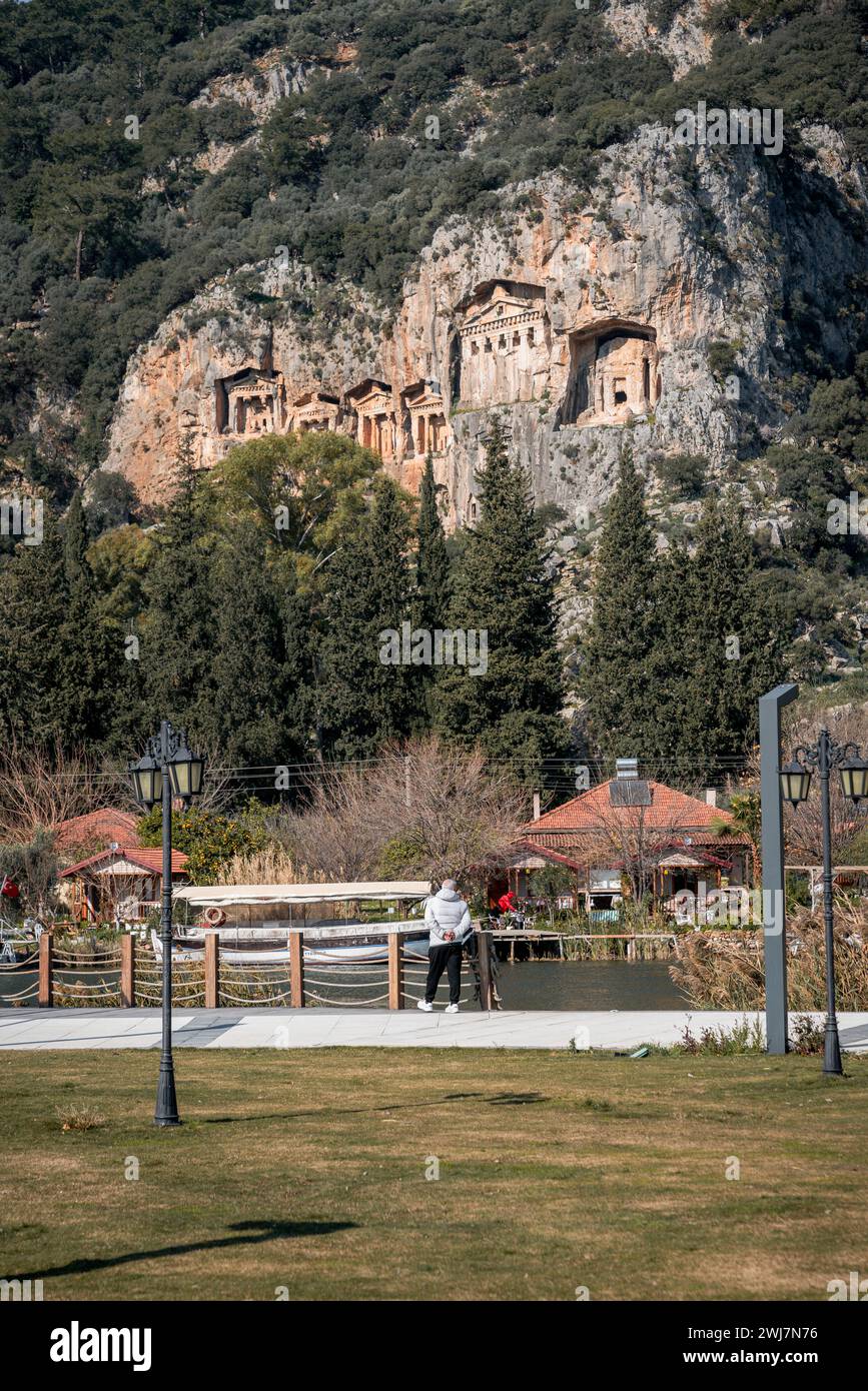 Sunny Days and Ancient Ways: Exploring Dalyan's Majestic Tombs by the River Stock Photo