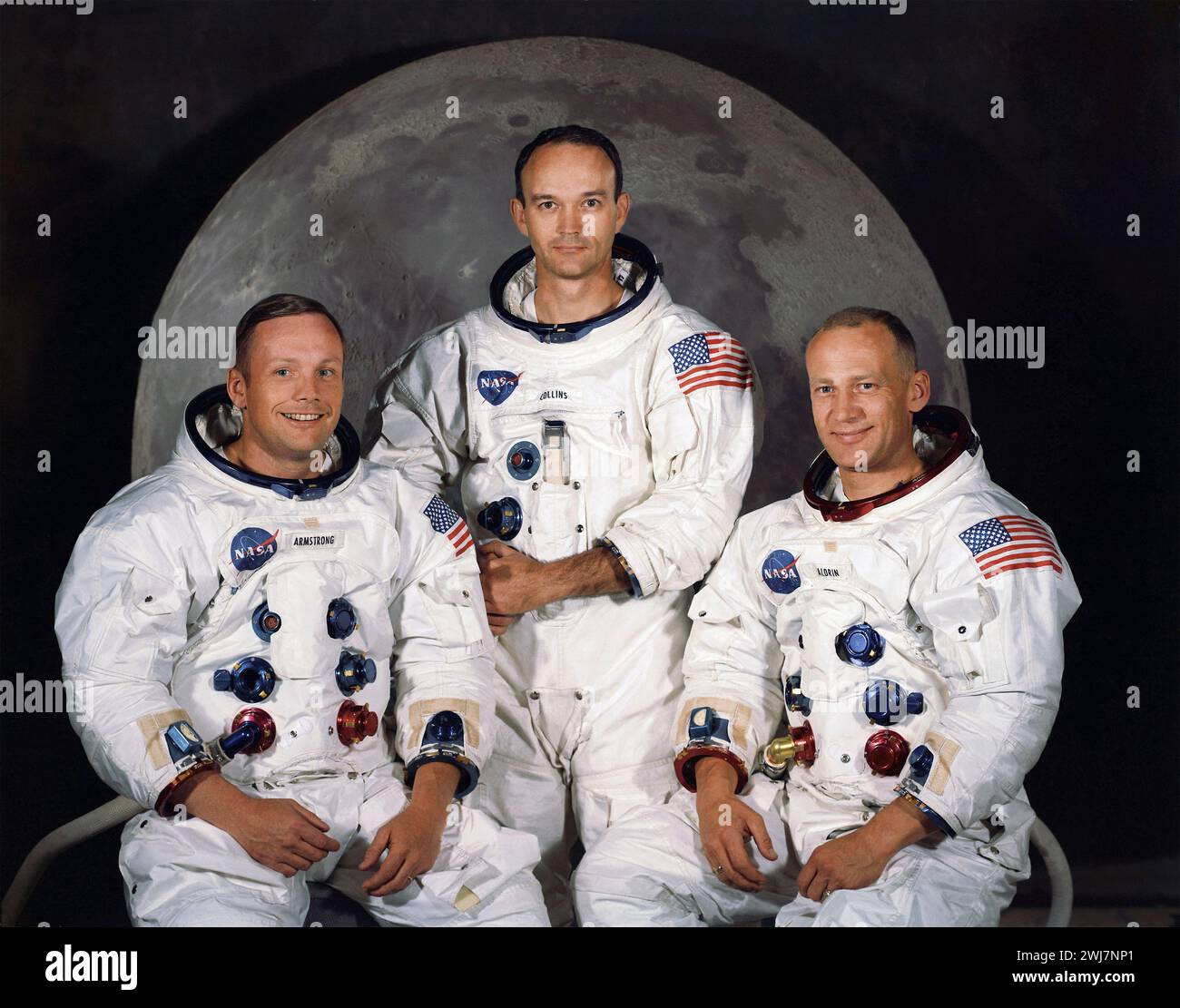 Apollo 11 astronauts. The crew of Apollo 11, the first spaceflight to land men on the moon on July 20th 1969. From left to right, Neil Armstrong, Michael Collins and Buzz Aldrin. Photo courtesy of NASA, May 1969. Stock Photo