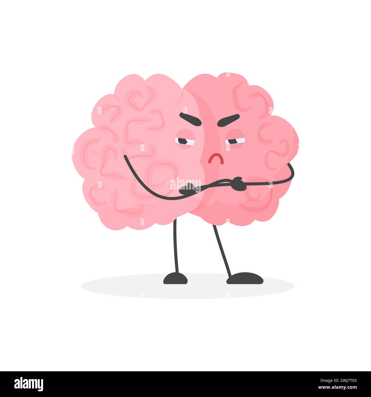 Cute angry human brain character standing with arms crossed vector