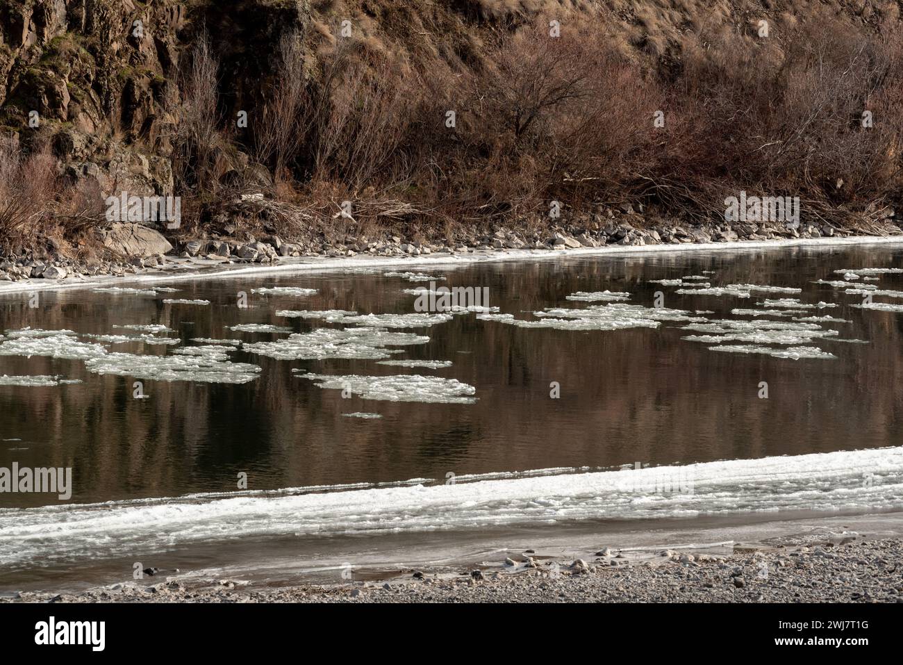 Ice flows on the Grande Ronde River in Southeastern Washington Stock