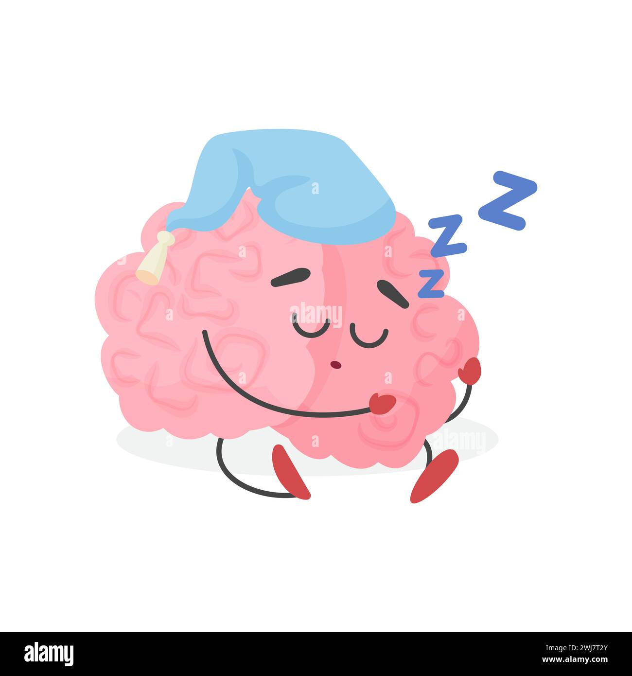 Cute human brain character sleeping, rest of tired sleepy emoticon vector illustration Stock Vector