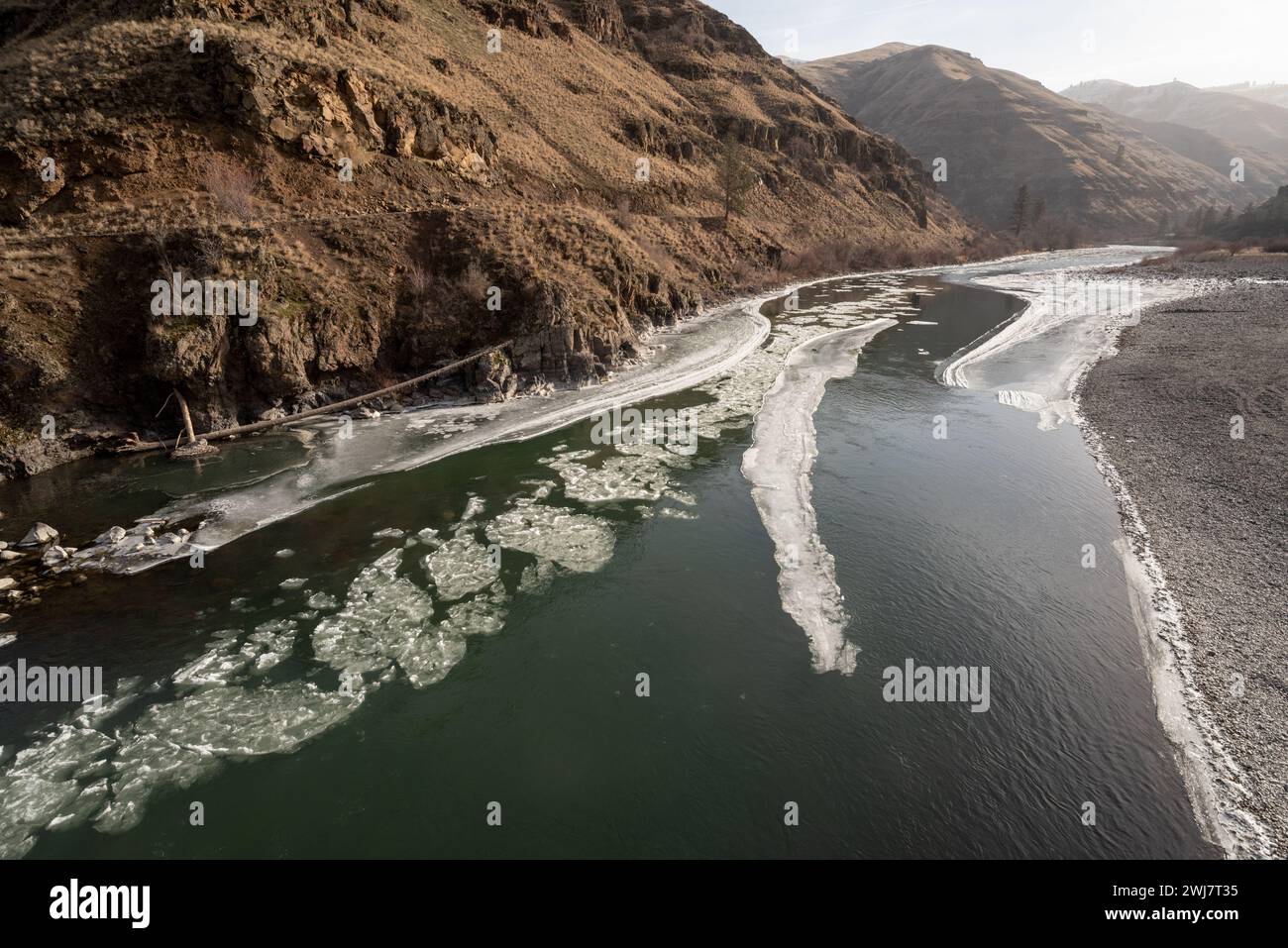Ice flows on the Grande Ronde River in Southeastern Washington Stock