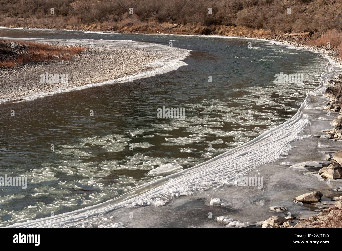 Ice flows on the Grande Ronde River in Southeastern Washington Stock