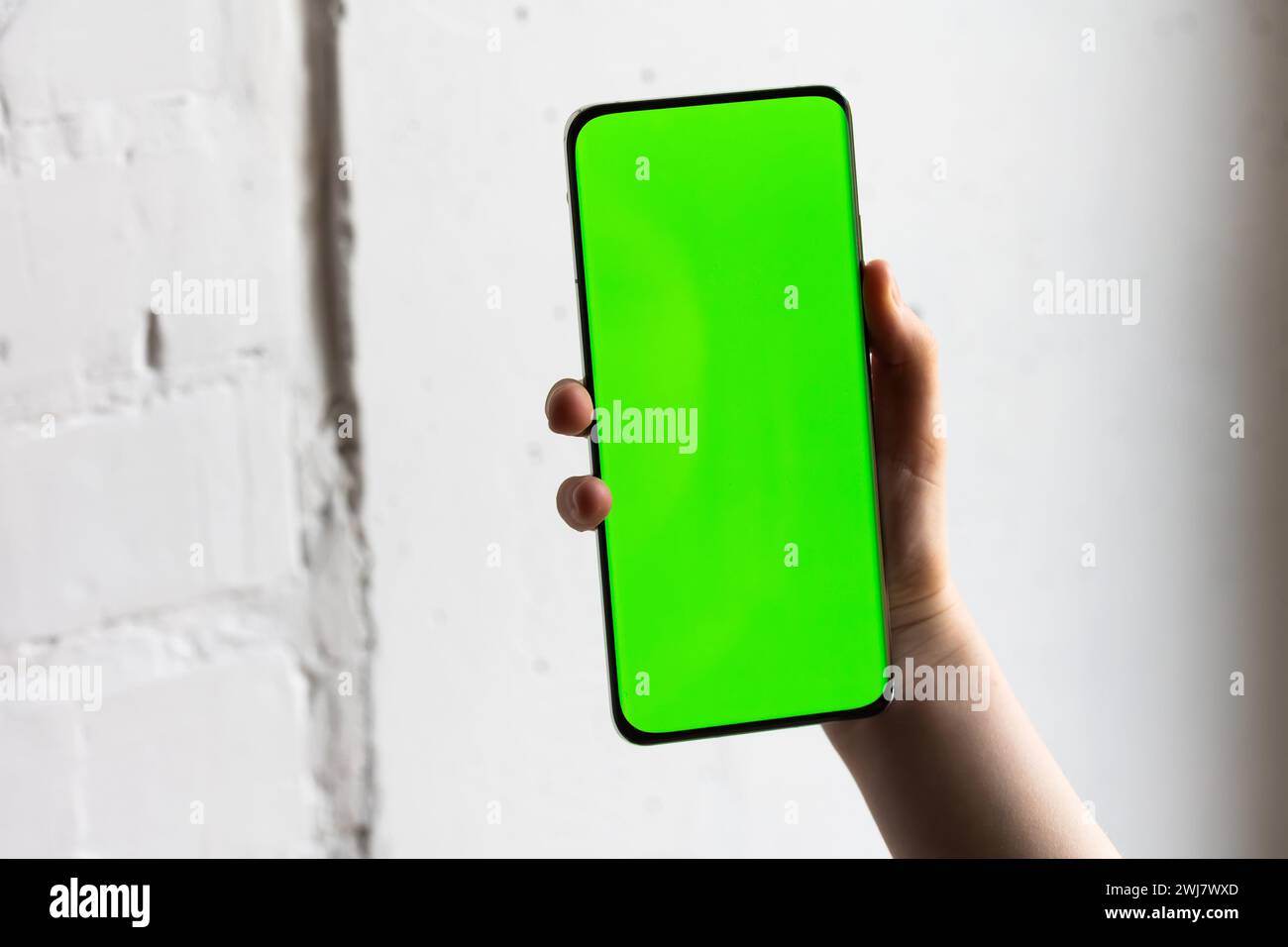 Mockup image of a person holding smart mobile phone with blank green ...