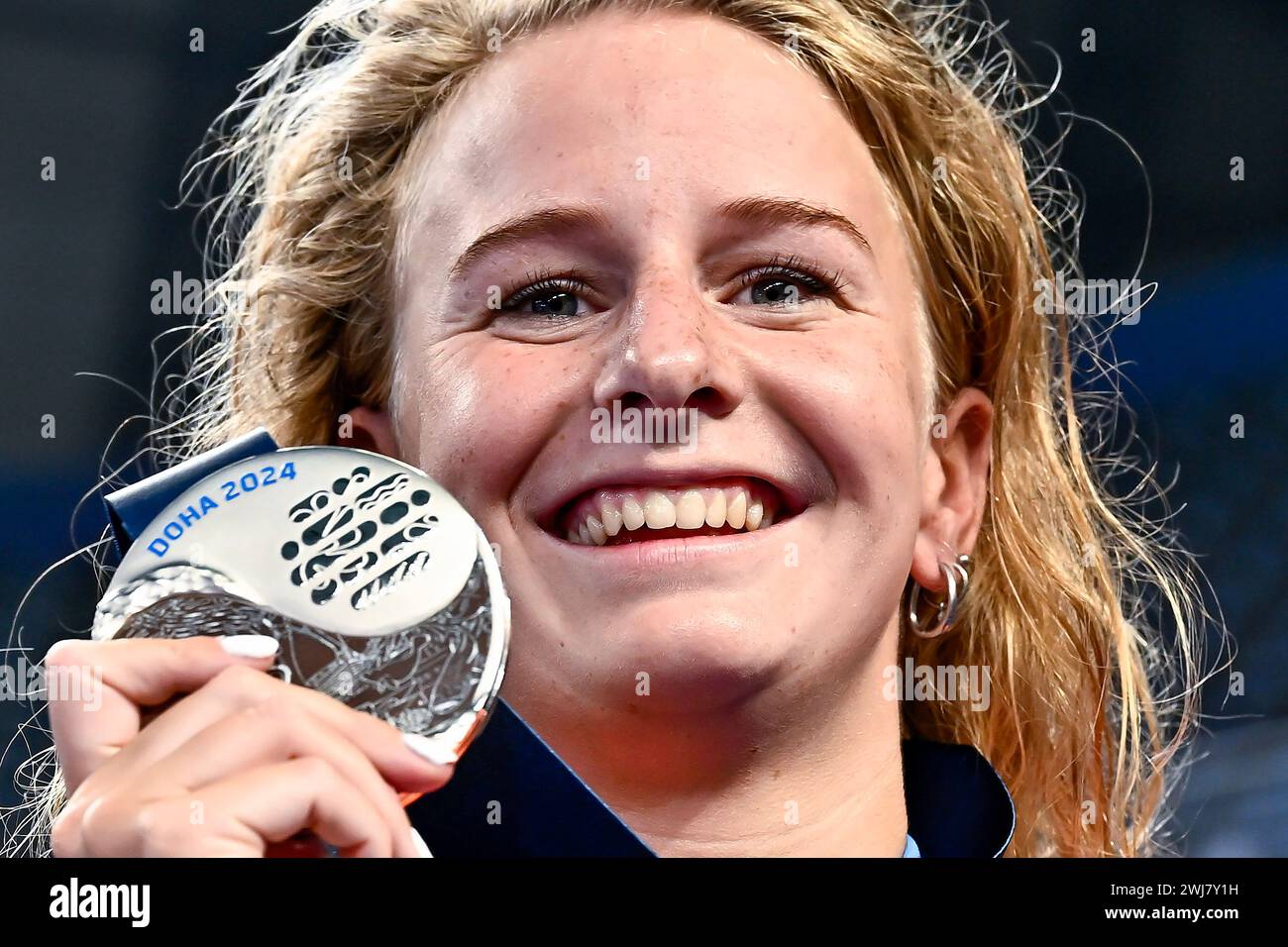 Tes Schouten of Netherlands shows the silver medal after competing in