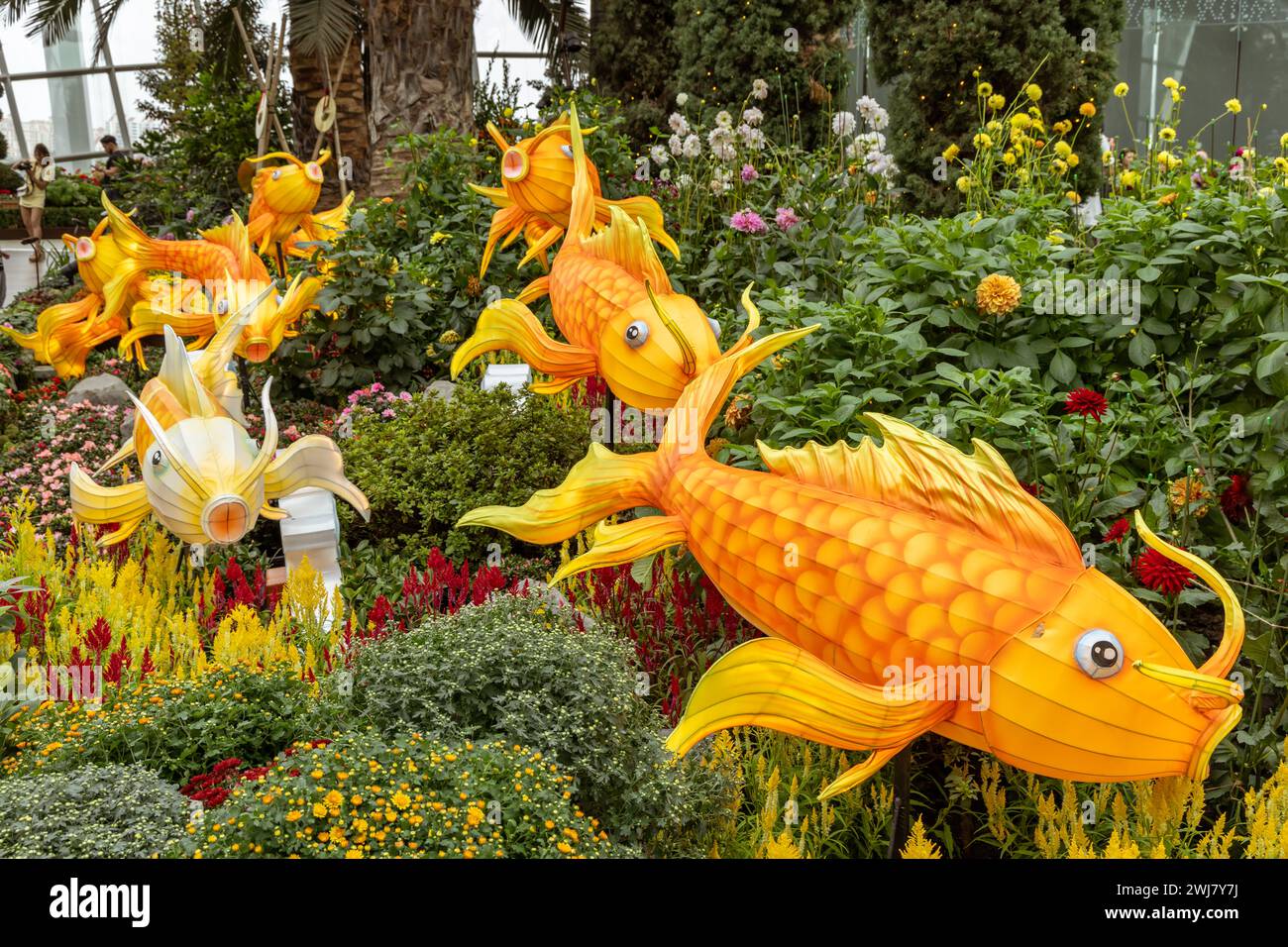 Chinese New Year decorations in the Flower Dome at Gardens by the Bay, Singapore. Stock Photo