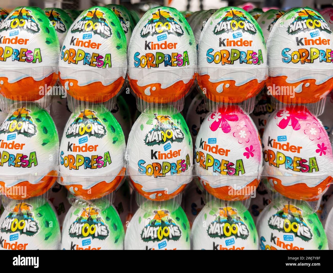 Italy - February 13, 2024: Kinder Chocolate Eggs Surprise NATOONS jungle animals forest, Easter Egg 20gr with milk chocolate displayed for sale in Ita Stock Photo