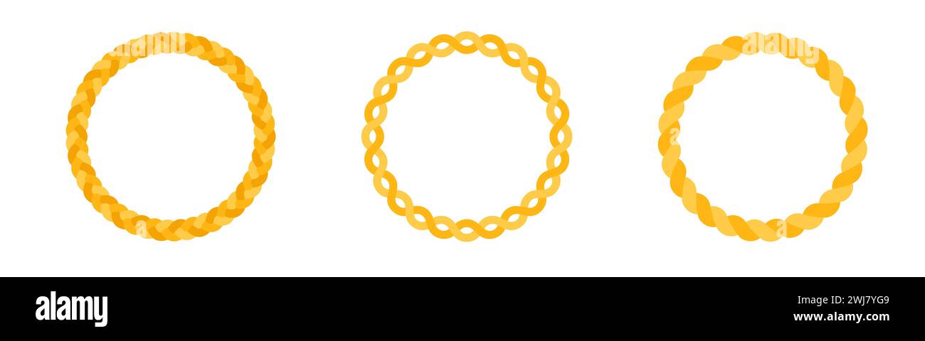 Braid circle golden frame. Round braided ring. Twisted rope Stock Vector