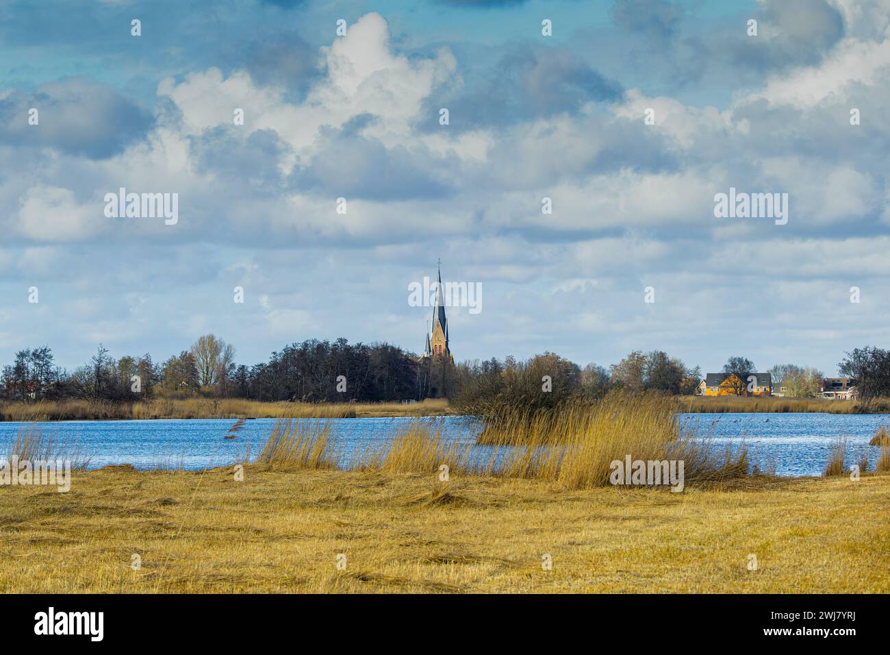 Landscape Nieuwkoopse Plassen with mown reeds seen from Lusthof De Haeck towards the visible spire of the Holy Martinus Church, north over the water W Stock Photo