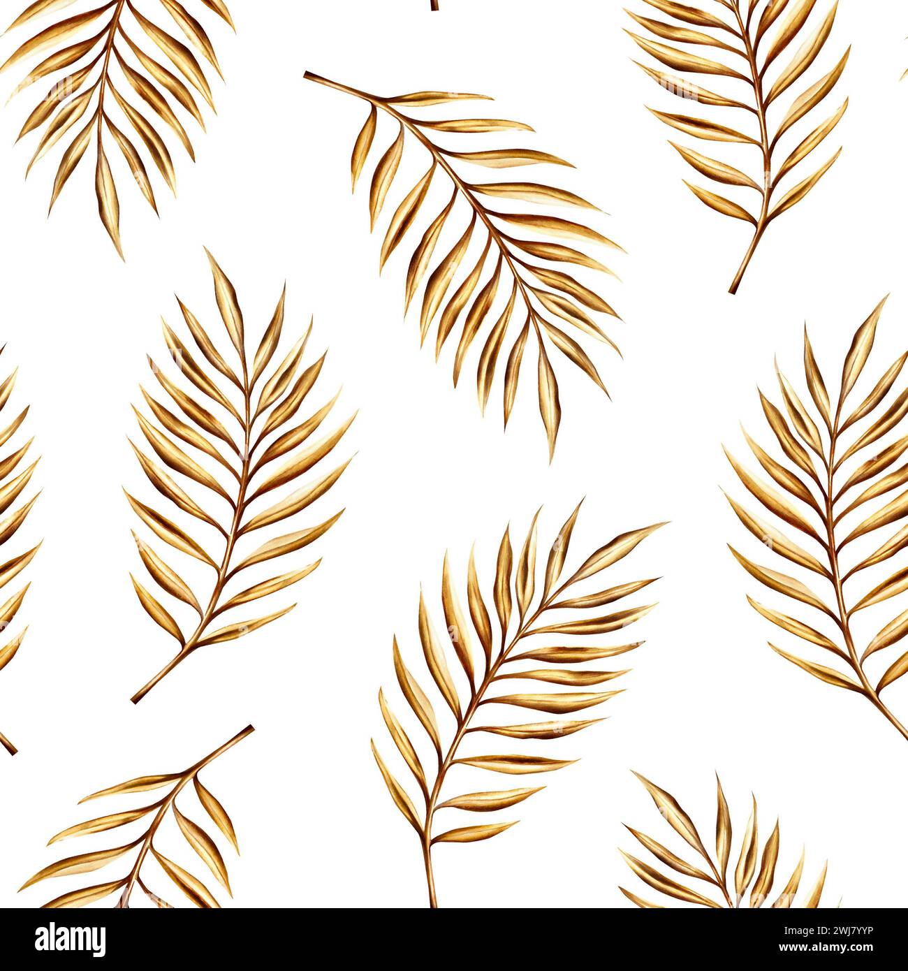 Watercolor seamless pattern with golden date palm branch illustration isolated on white background. Botanical and wedding and Ramadan Kareem or Eid Al Stock Photo