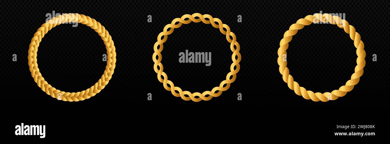 Braid circle golden 3d frame. Round braided ring. Twisted rope Stock Vector