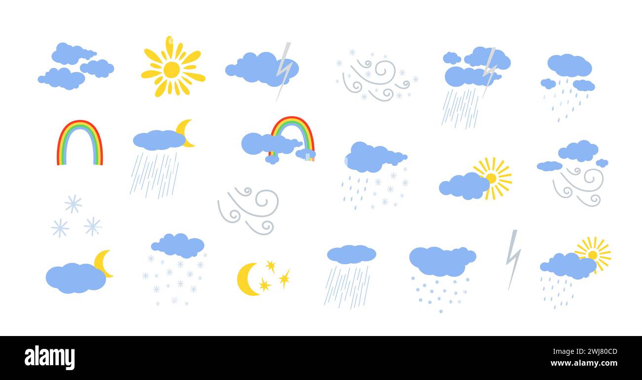 Weather icons set sun, wind, rain, fog, clouds cute hand drawn doodle minimalist vector illustration, simple symbol to describe weather, environment, climate cartoon object, weather forecast image Stock Vector