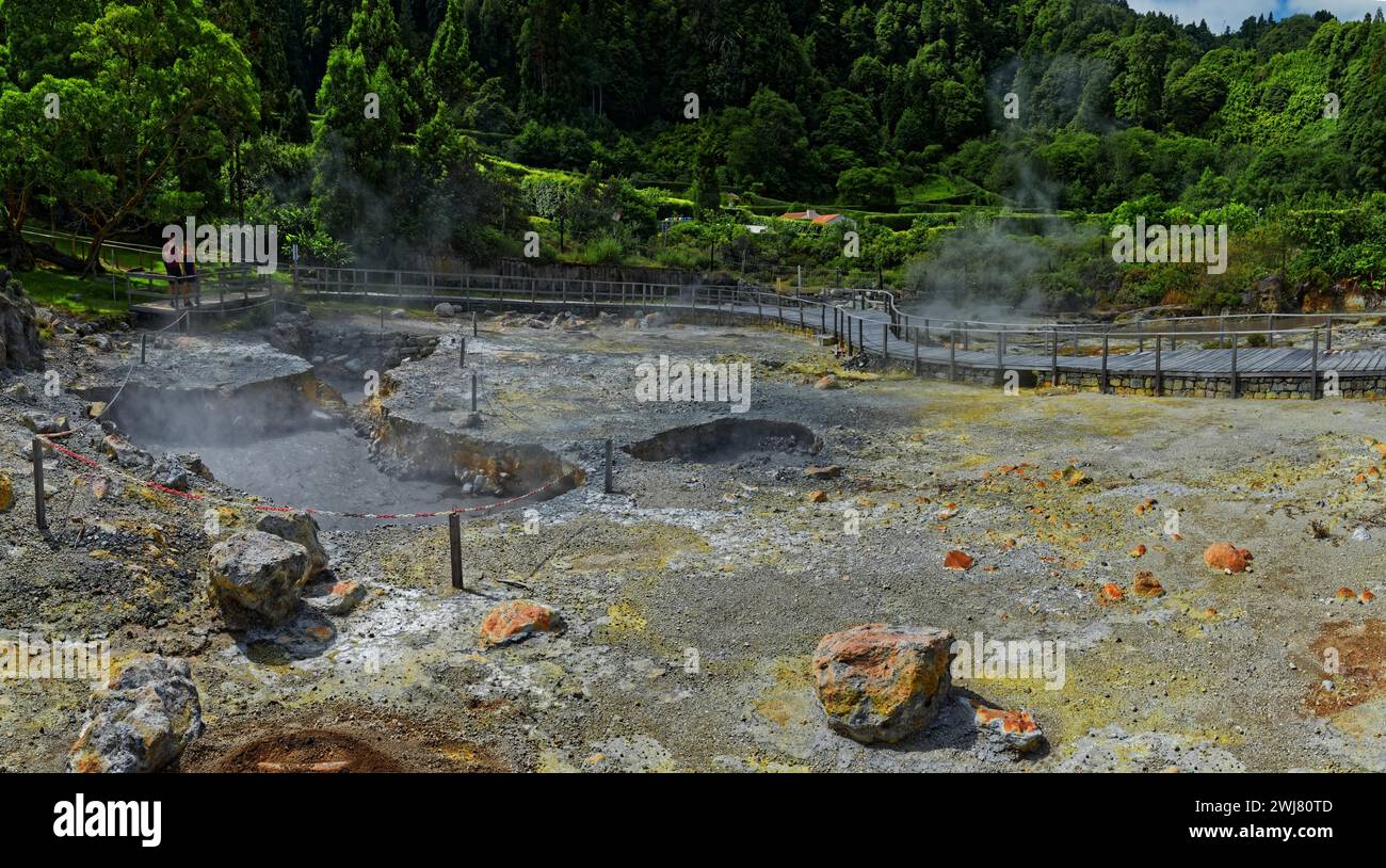 Geothermal activity with steaming mud holes and rock formations in an impressive landscape, Fumarolas Lagoa das Furnas, Furnas, Sao Miguel, Azores Stock Photo