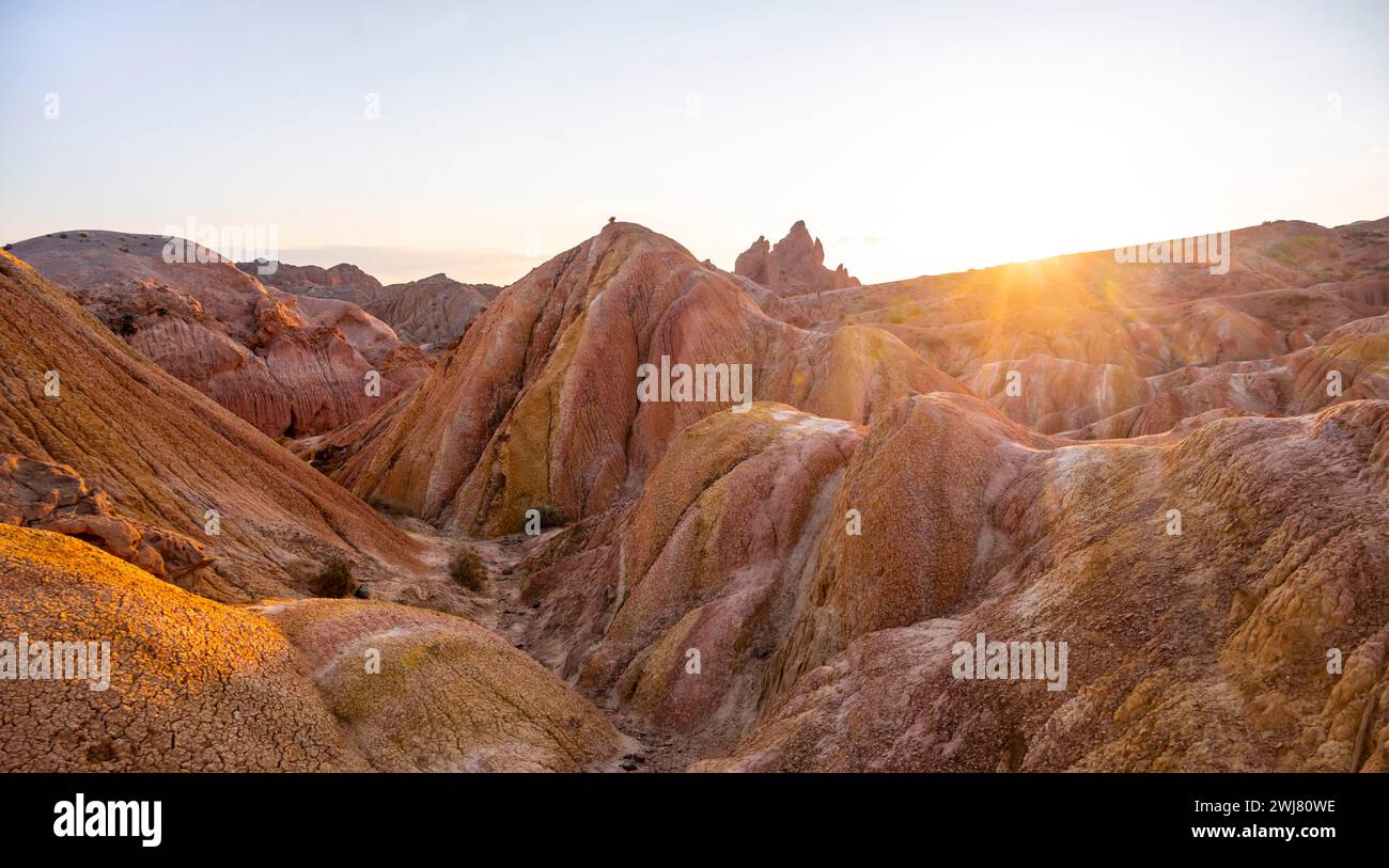 Red rocks, canyon of eroded sandstone formations, red and orange sandstone rocks, fairytale gorge, Skazka, Tosor, Kyrgyzstan Stock Photo