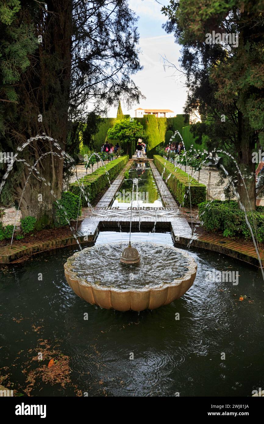 Water features in gardens, arabic, islamic, oriental, horticulture, Generalife Gardens, Alhambra, Granada, Spain Stock Photo