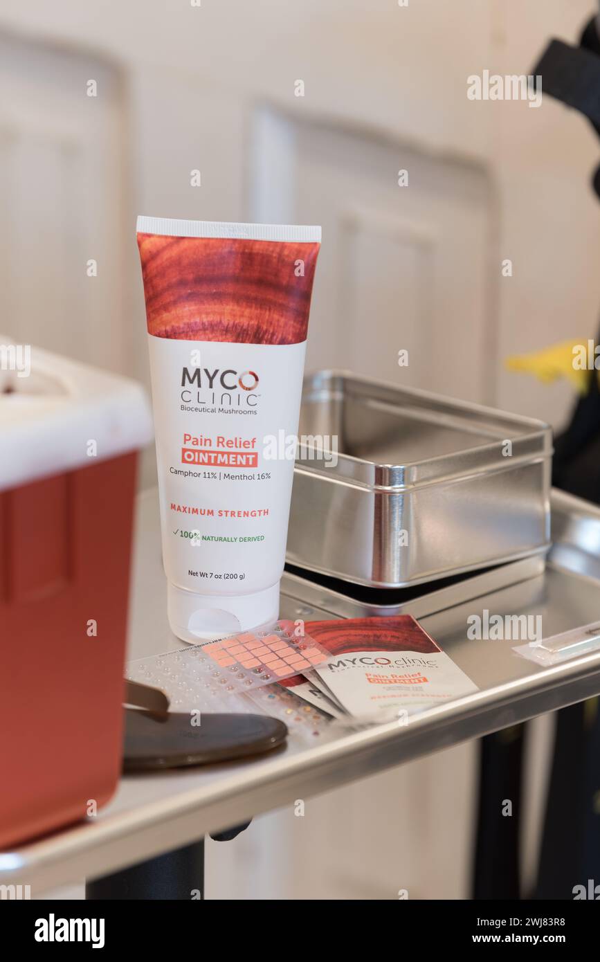 Myco pain relief ointment on a medical tray in a wellness clinic in Joseph, Oregon. Stock Photo
