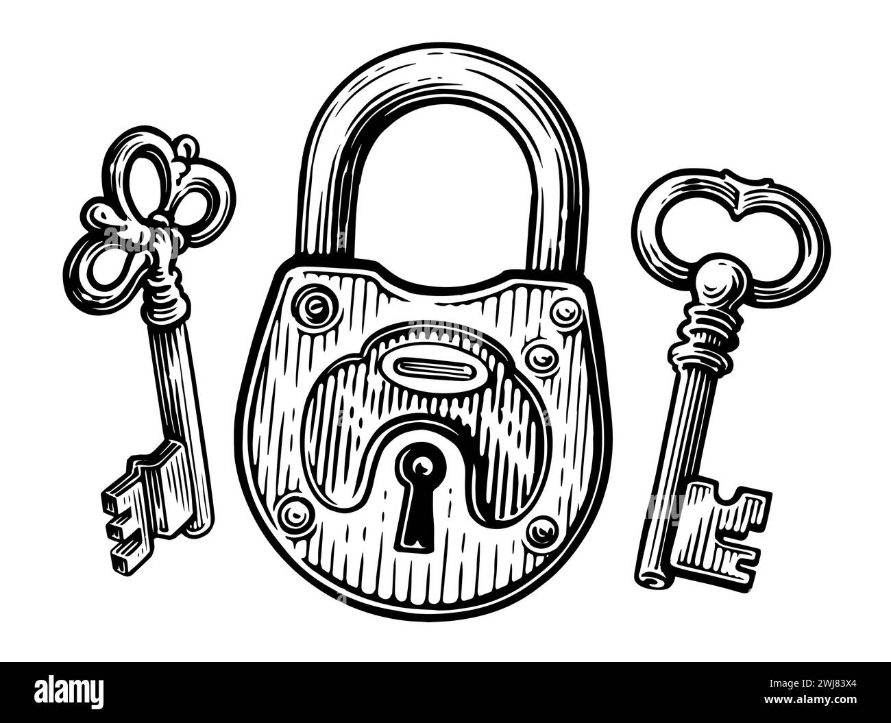 Padlock and keyhole. Closed lock with key. Hand drawn sketch vintage vector illustration Stock Vector