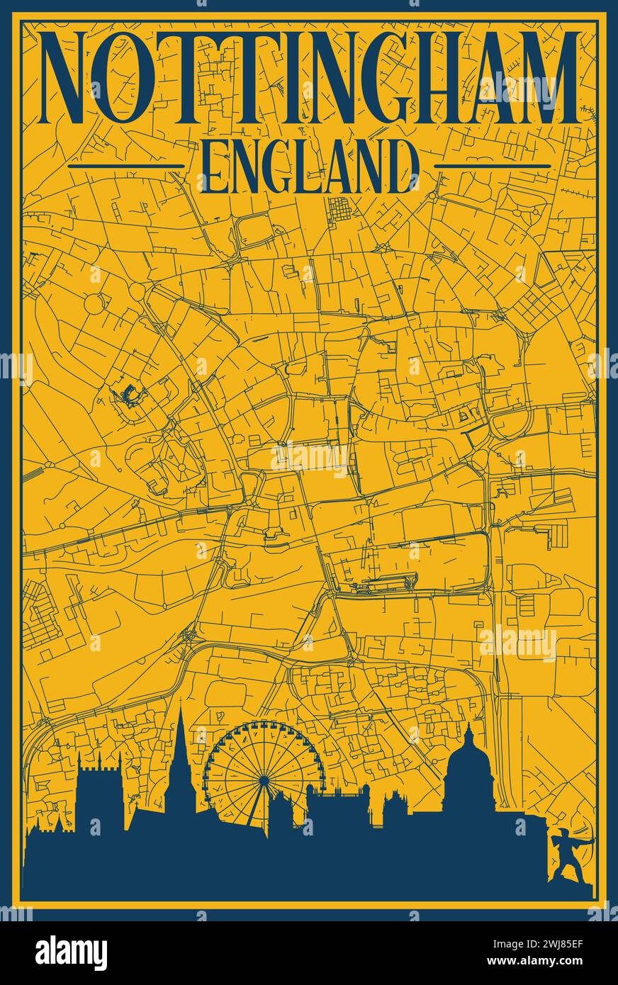 Road network and skyline poster of the downtown NOTTINGHAM, ENGLAND Stock Vector