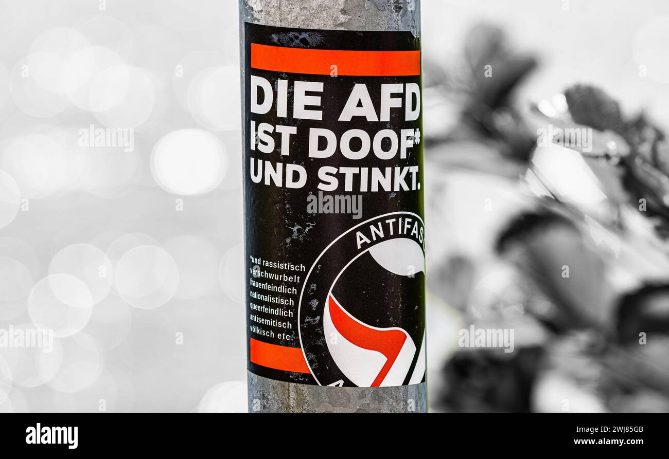 Ein Kleber der Antifa gibt die Meinung über den politischen Gegner wieder. (Schluchsee, Deutschland, 16.07.2023) Stock Photo