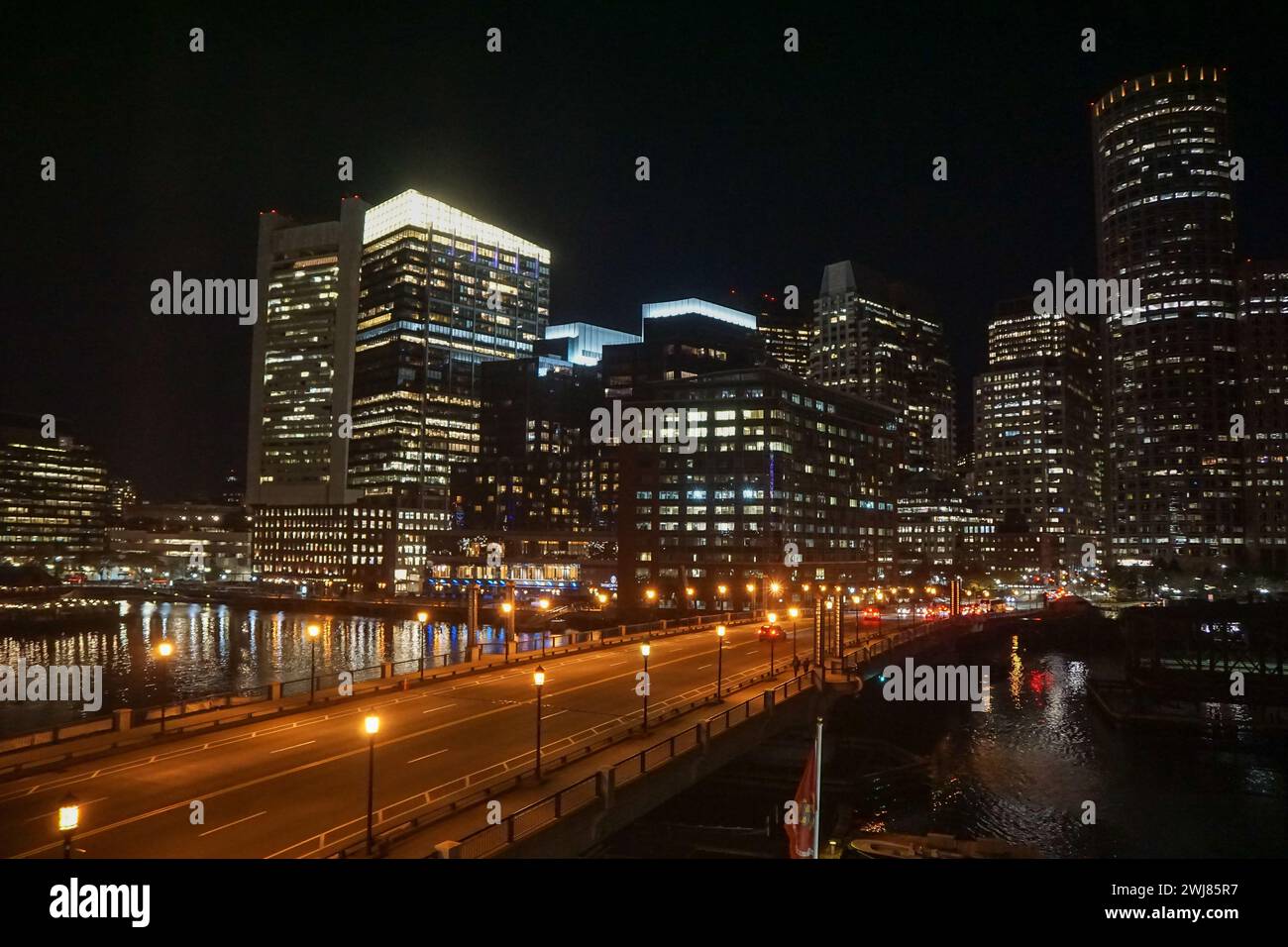 Nighttime view of downtown Boston, Massachusetts and the Evelyn Moakley