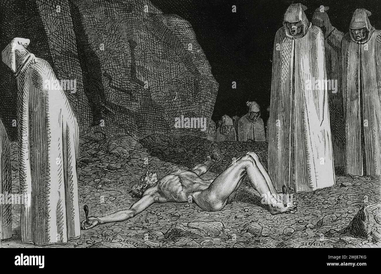 The Divine Comedy (1307-1321). Italian narrative poem by the Italian poet Dante Alighieri (1265-1321). Inferno (Hell). 'I saw one crucified with three stakes on the ground...' Illustration by Yann Dargent (1824-1899). Engraving by Berveiller. Published in Paris, 1888. Stock Photo