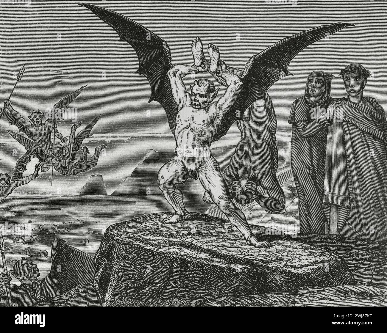 The Divine Comedy (1307-1321). Italian narrative poem by the Italian poet Dante Alighieri (1265-1321). Inferno (Hell). 'High on his shoulders, sharp and tall, he carried a sinner...' Illustration by Yann Dargent (1824-1899). Engraving by Navellier & L. Marie. Published in Paris, 1888. Stock Photo
