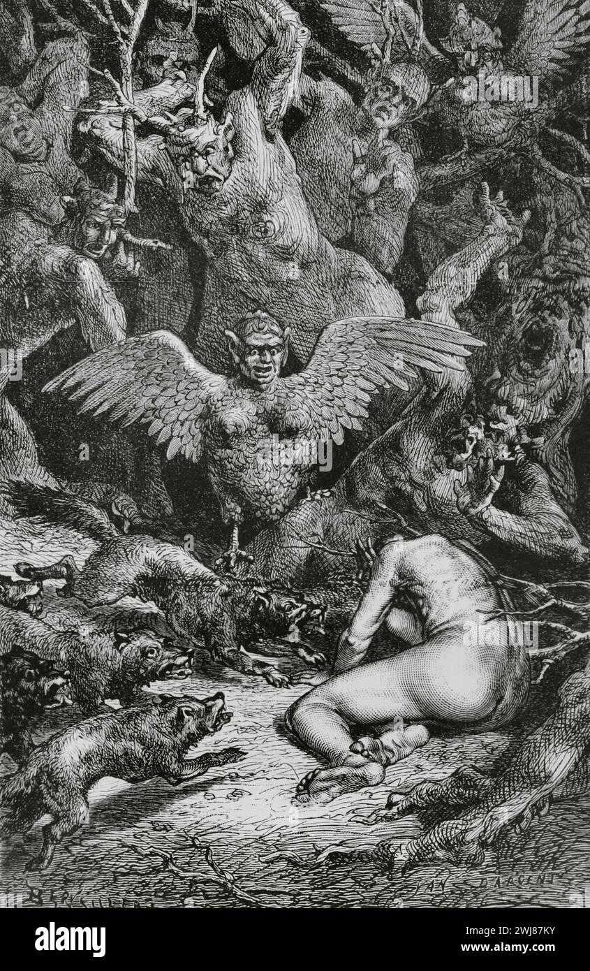 The Divine Comedy (1307-1321). Italian narrative poem by the Italian poet Dante Alighieri (1265-1321). Inferno (Hell). 'Then the trunk sighed, and that snort became this voice...' Illustration by Yann Dargent (1824-1899). Engraving by Berveiller. Published in Paris, 1888. Stock Photo