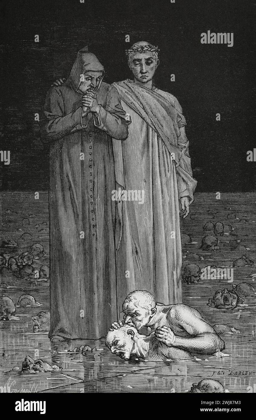 The Divine Comedy (1307-1321). Italian narrative poem by the Italian poet Dante Alighieri (1265-1321). Inferno (Hell). 'So the one on top set his teeth into the other...' Illustration by Yann Dargent (1824-1899). Engraving by Gusman. Published in Paris, 1888. Stock Photo