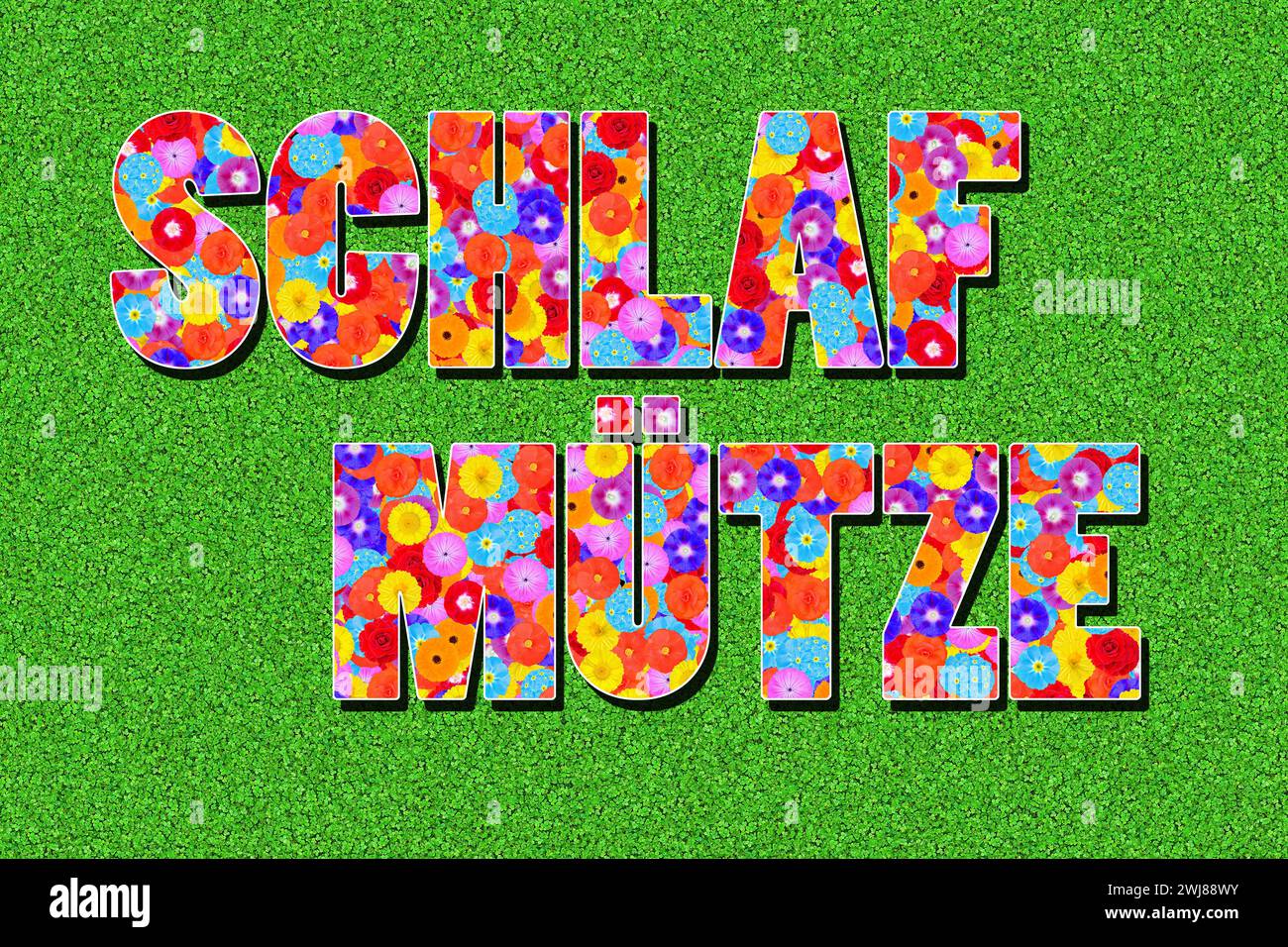 the german word Schlafmütze written with flowers on a green background