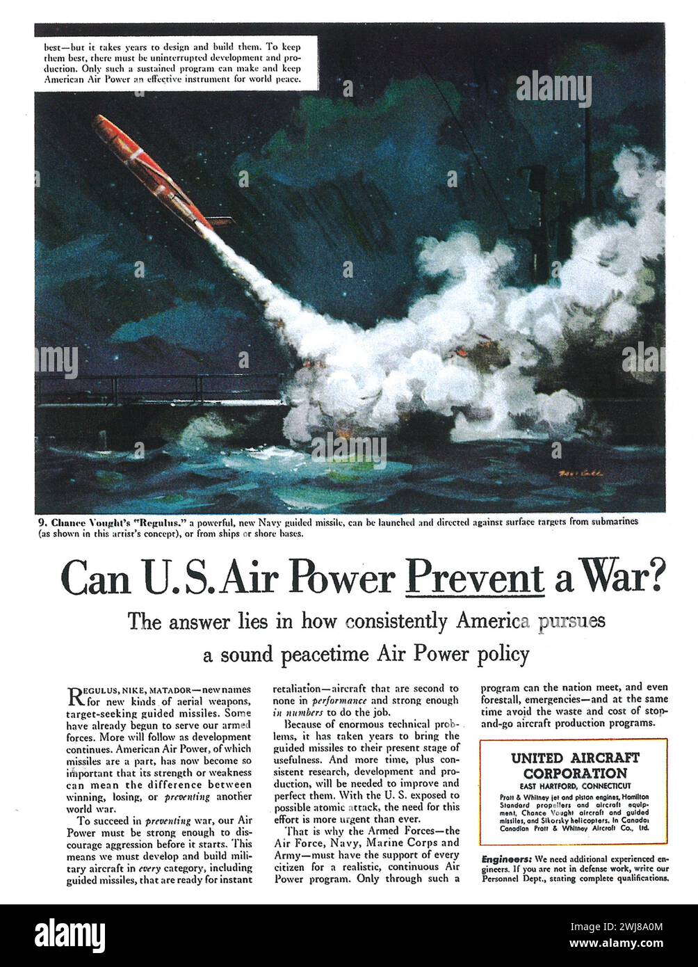 1959 United Aircarft Corporation print ad. 'Can U.S. Air power prevent the war?' Stock Photo