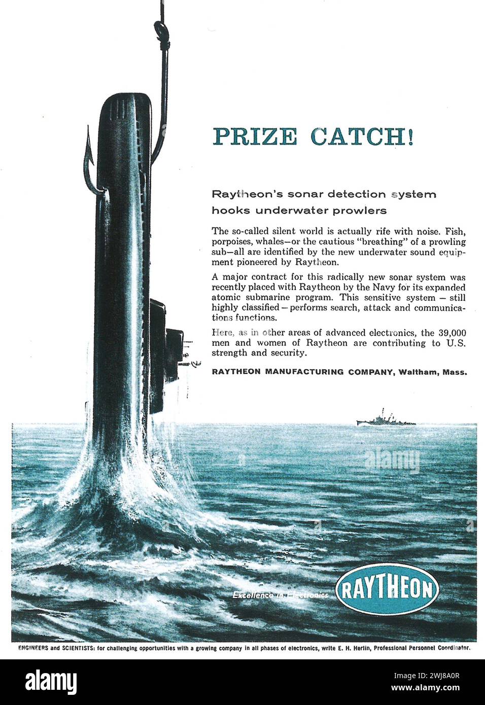 1959 Raytheon print ad. Raytheon sonar detection system. Stock Photo