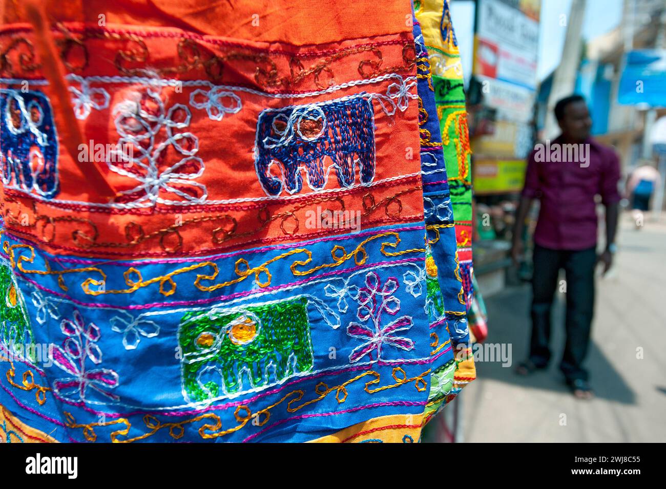 Local stitched craftwork for sale, Fort Cochin, Kerala, India Stock Photo