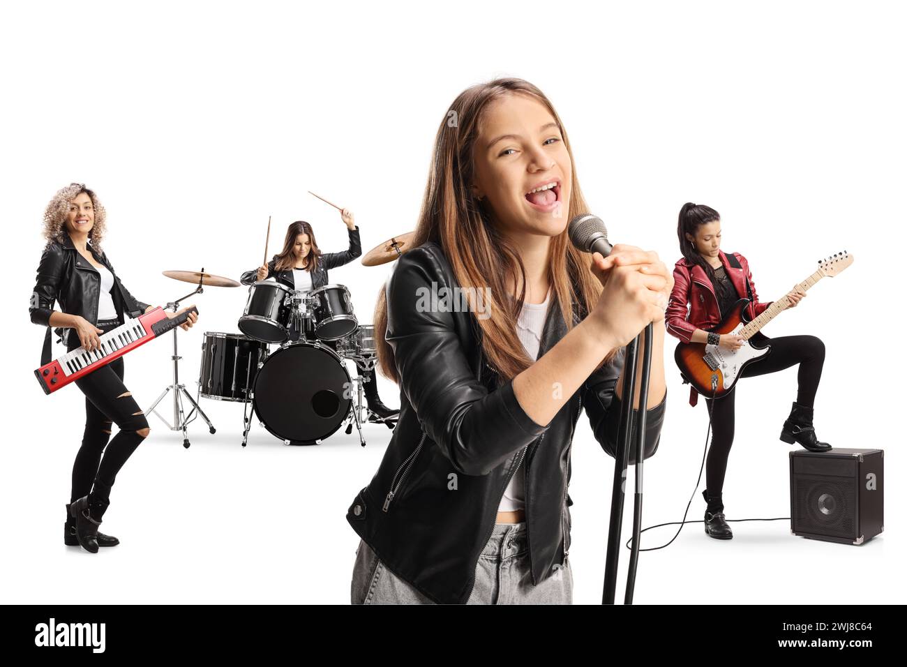 Vocalist in a female music band isolated on white background Stock Photo