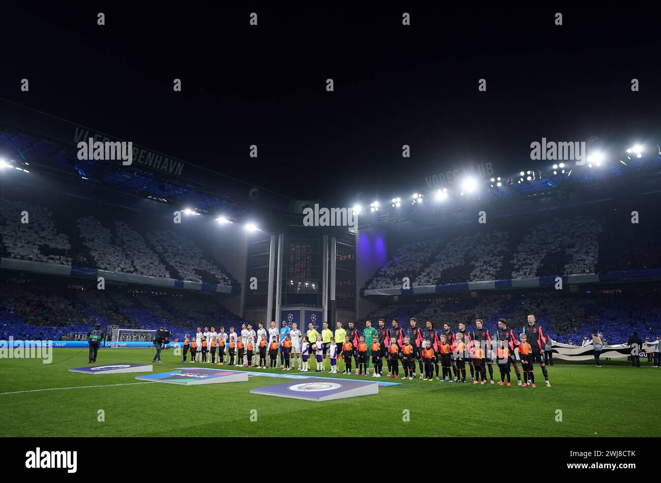 Both teams line up during the UEFA Champions League round of 16, first leg match at the Parken Stadium, Copenhagen, Denmark. Picture date: Tuesday February 13, 2024. Stock Photo