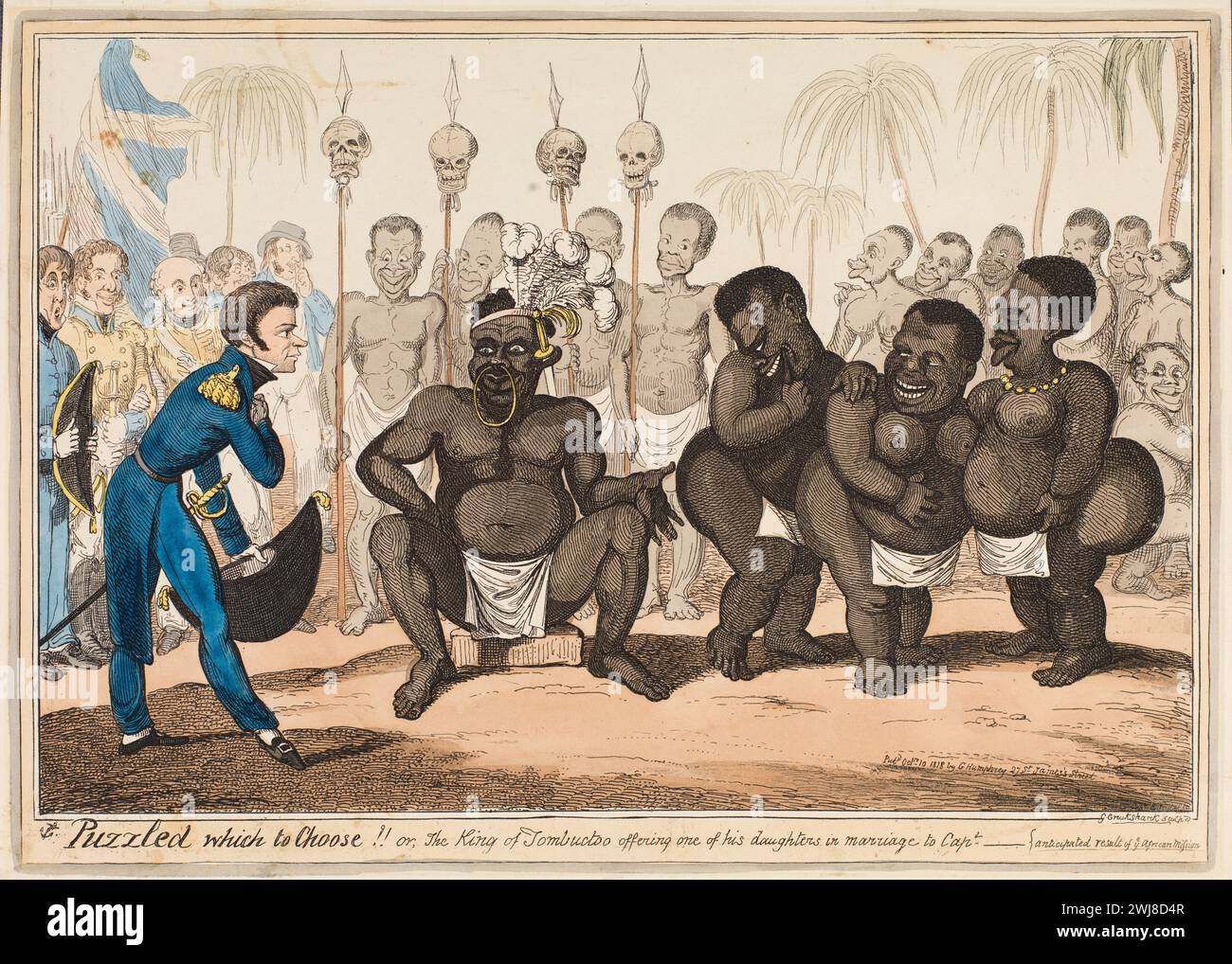 Print Titled ' Puzzled which to choose!! or, the King of Timbuctoo offering one of his daughters in marriage to Capt. -- {anticipated result of [the] African Mission}'..  An African chief displays to a naval officer (Lieutenant F.G. Lyon) three black women, who stand together, offering one to him for marriage.  Artist: Frederick Marryat, printmaker: George Cruikshank circa 1820 Stock Photo