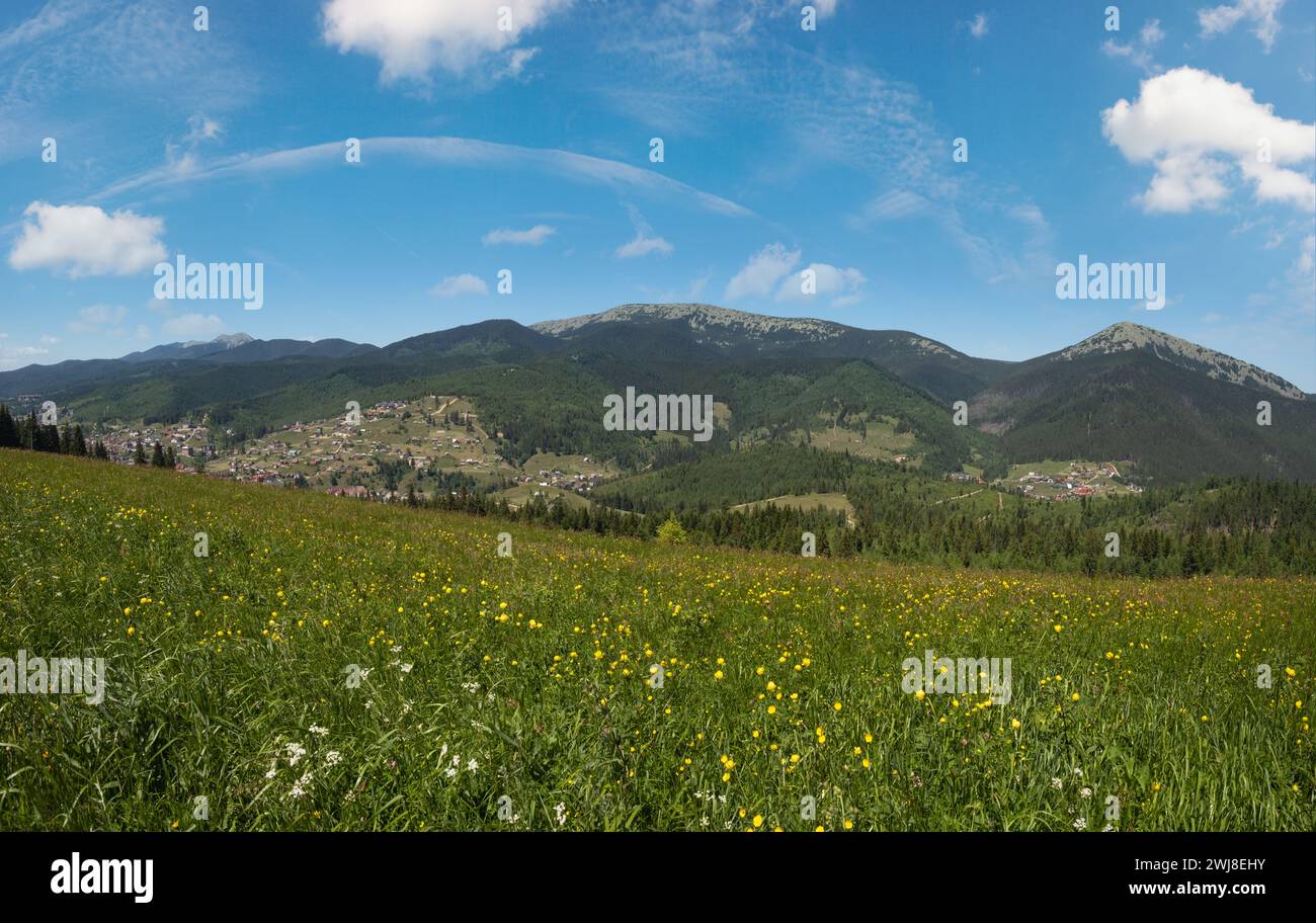 Summer picturesque Gorgany massiv mountains scenery view from Sevenei hill (near Yablunytsia pass, Carpathians, Ukraine.) Stock Photo