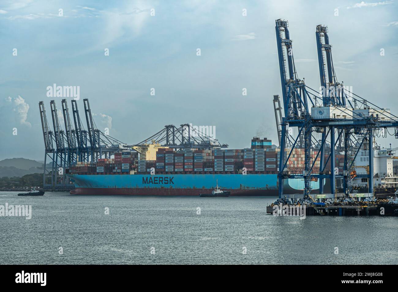 Panama Canal, Panama - July 24, 2023: Huge Maersk container vessel in Balboa port, Calle F. Christiano, under Hyundai cranes and light blue morning sk Stock Photo