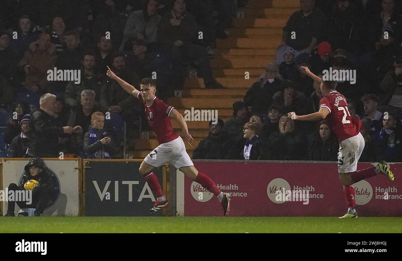Crewe Alexandra's Ed Turns (left) celebrates scoring his side's second goal of the game during the Sky Bet League Two match at Edgeley Park, Stockport. Picture date: Tuesday February 13, 2024. Stock Photo