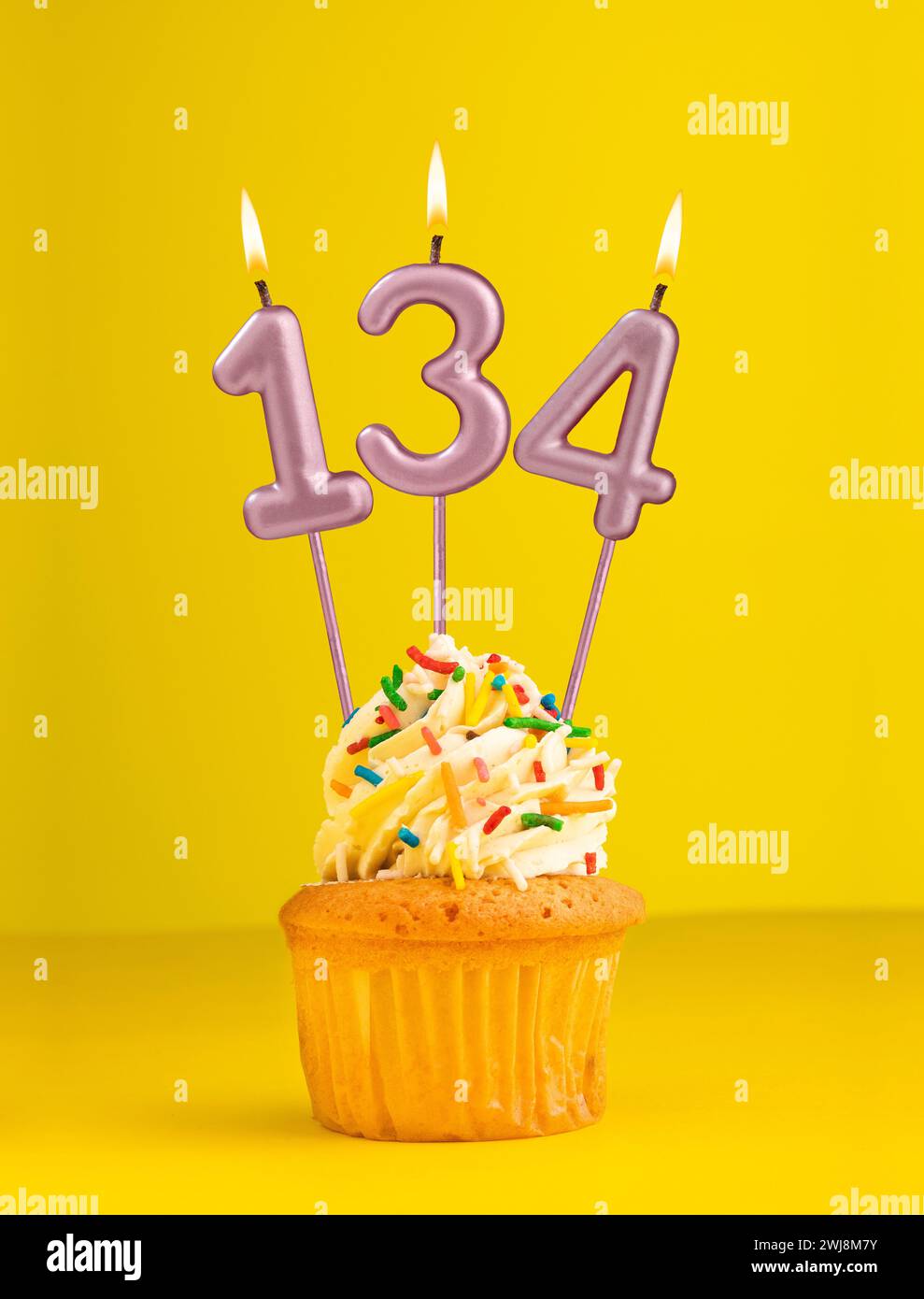 Number 134 candle - Birthday card design in yellow background Stock ...