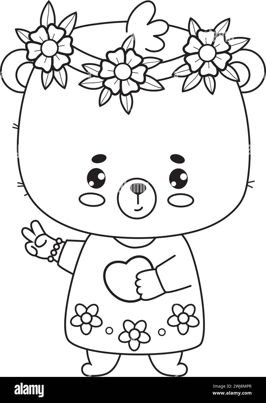Cute bear girl with flower wreath and heart. Animal Teddy kawaii character. Line drawing, coloring book. Kids collection. Vector illustration Stock Vector
