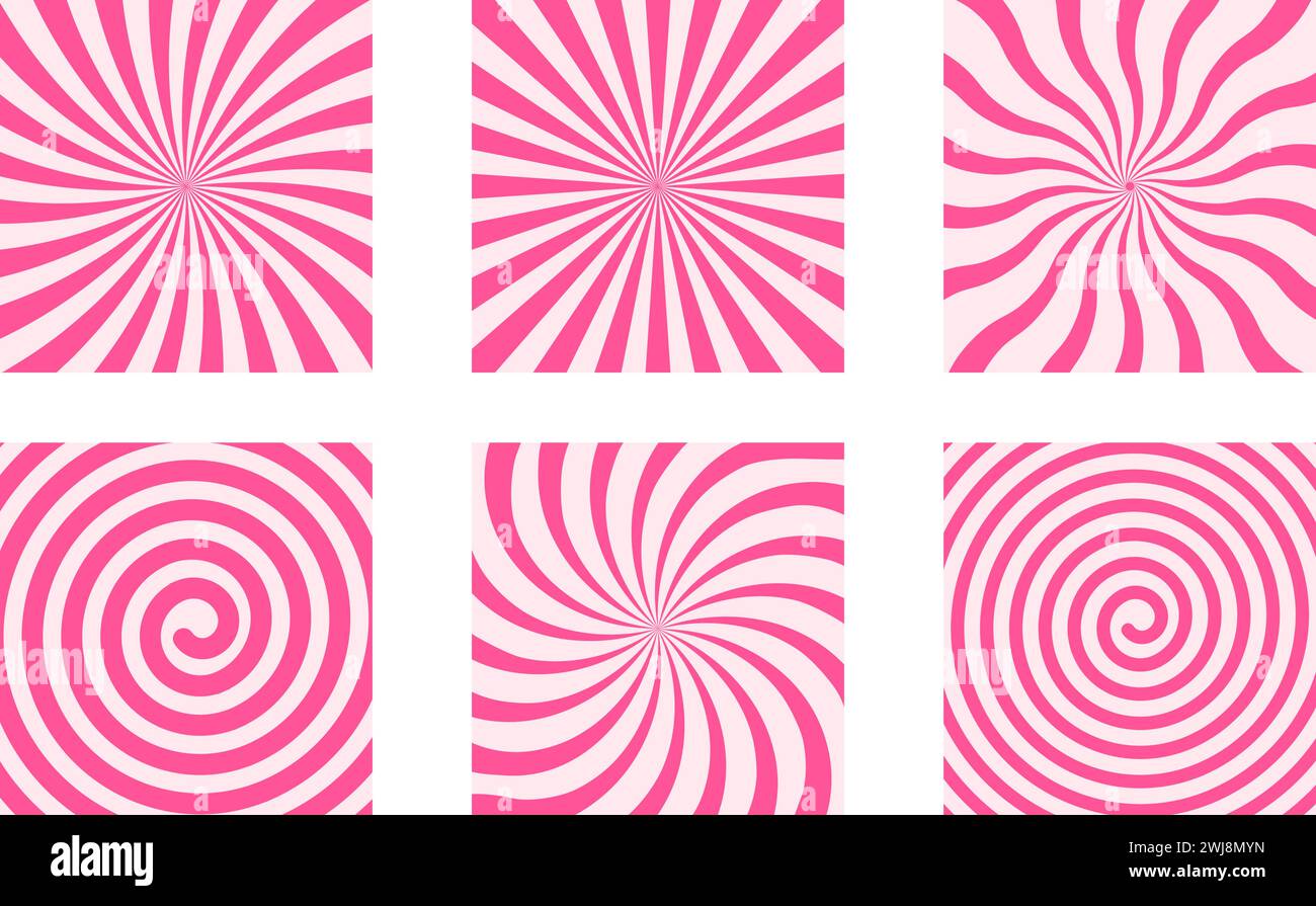 Set of cute lollipop backgrounds. Candy, ice cream, yogurt, caramel or marshmallow textures with radial pink stripes, twist and spiral design. Birthday or Christmas wallpaper. Vector flat illustration Stock Vector